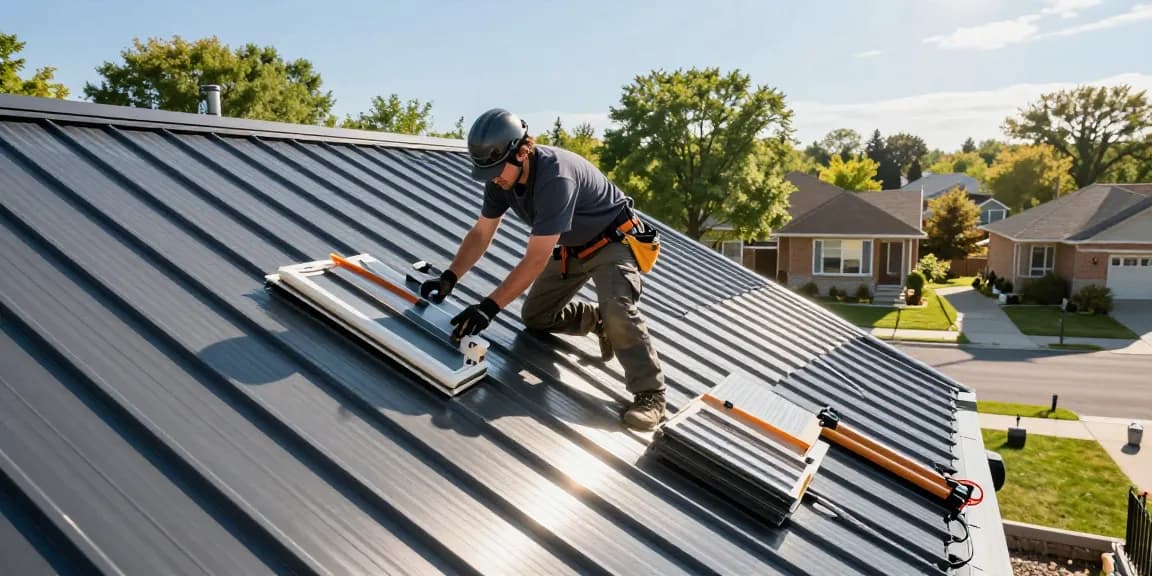 Expert roofer at https://www.mroof.ca/ installing a metal roof on a Toronto home, showcasing durability and modern design.
