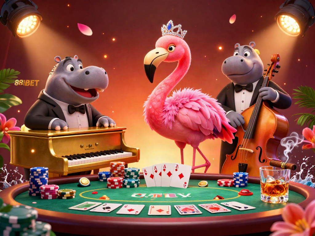 Experience the vibrant atmosphere of 88IBET's casino with a flamingo singer and hippo bassist.