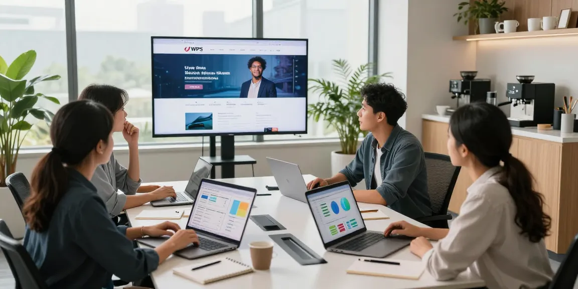 Diverse team collaborating in a modern workspace featuring the WPS Official Website on a screen, promoting innovation.