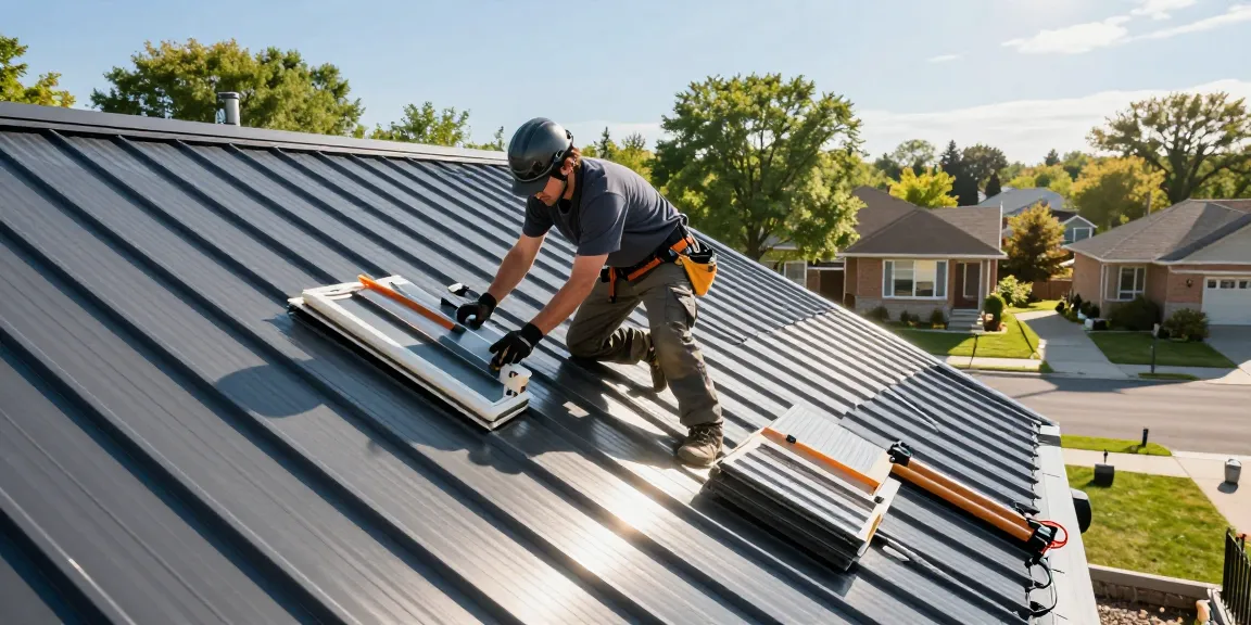 Expert roofer at https://www.mroof.ca/ installing a metal roof on a Toronto home, showcasing durability and modern design.
