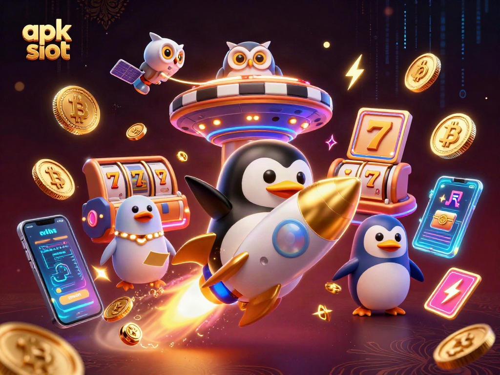 Spin to win with apk slot as a golden penguin blasts through space towards a thrilling casino adventure.